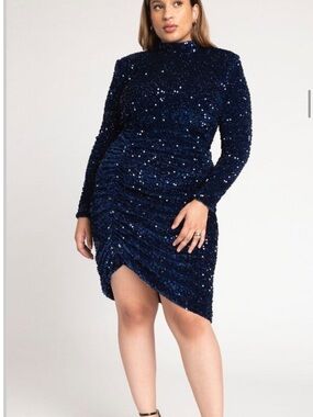 ELOQUII NWT Navy Sequin Ruched Long-Sleeve Dress